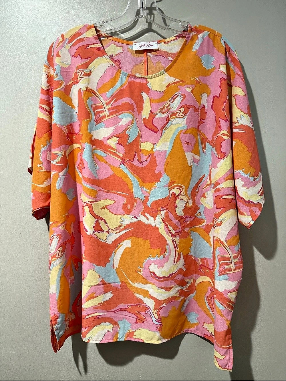 Jess Lea XL Colorful Abstract Print Blouse Pink Orange Made in USA